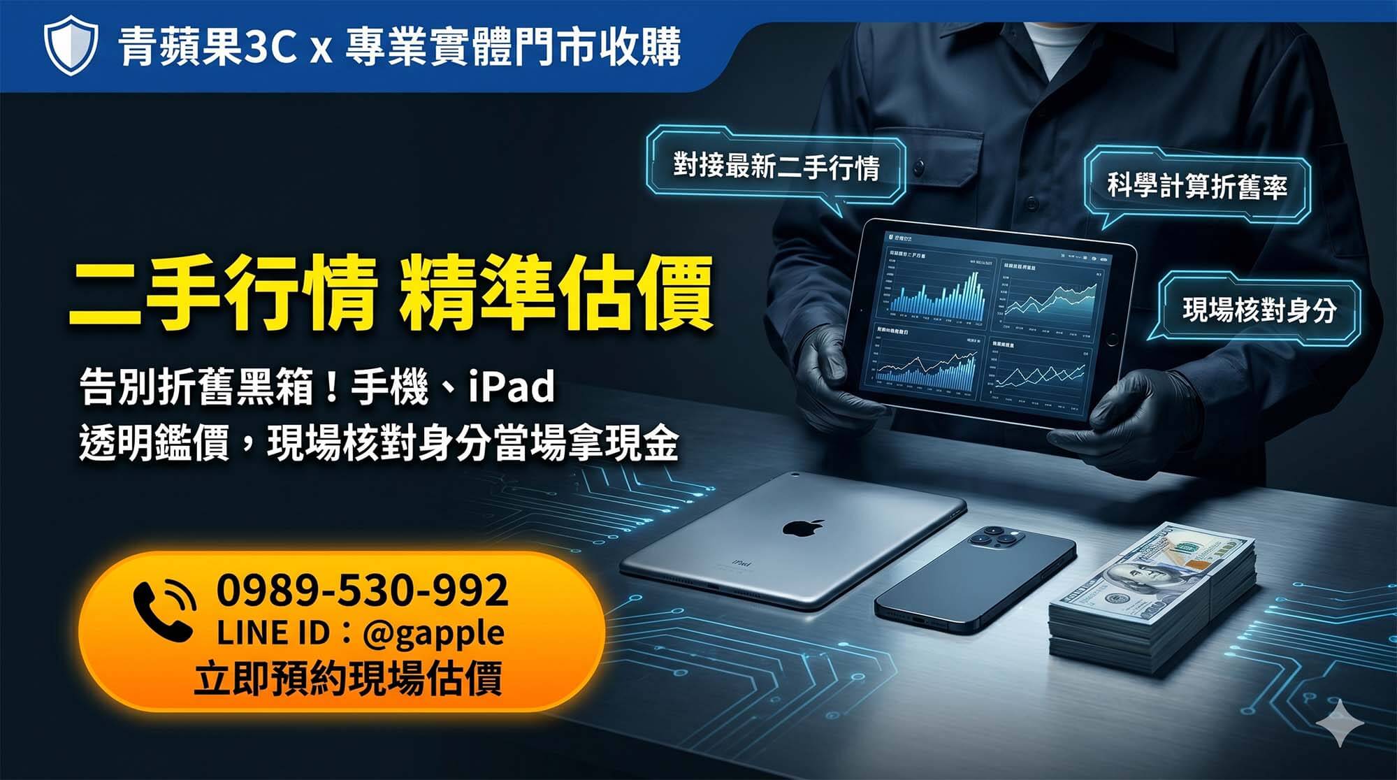 青蘋果3C 數據分析職人於高科技深色模式風格的實體門市，為二手 iPhone 與平板進行精準硬體判讀與資安重置